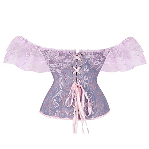Favipt Corset Tops For Women Lace Up Off Shoulder Overbust Corset Soild Color Sexy Underbust Plus Size Bustier Body Shaper, 01*Bow Lace Corset-Blue #TOP4