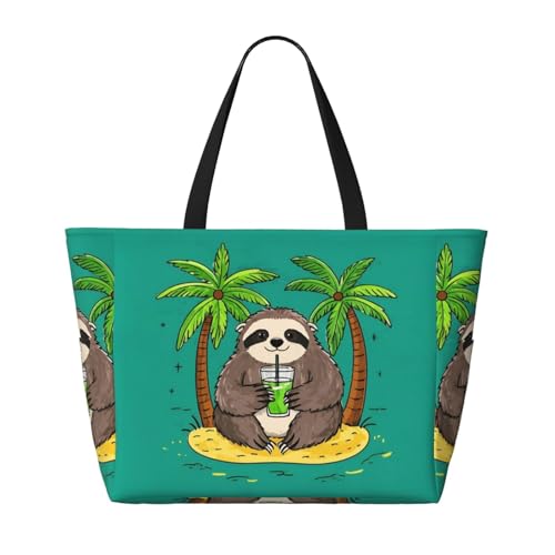 Beach Bag for Women, Waterproof Sandproof Beach Pool Travel Duffel Bags with 7 Pockets, Large Capacity Shoulder Tote Bag for Gym Travel Vacation Essential, Sloths Drinking Palm Trees2