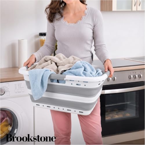 Image of Brookstone 11 Gal Collapsible Laundry Basket With 3 Handles, Hip Hugger Design, Non-Slip Comfort Grip, Lightweight BPA-Free Space Saving Pop-Up Hamper, 24 In, Portable and Sturdy, Light Gray