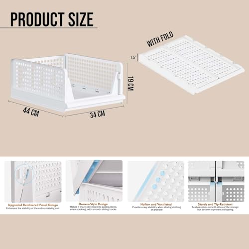 Image of Go Hooked Foldable Wardrobe Organizer with Drawer Style Pull Out Design | Pack of 3 Large (44x34x19 cm) Shelf Storage Box | Heavy Duty Plastic Shirt Stacker for Cupboard, Almirah & Closet | White