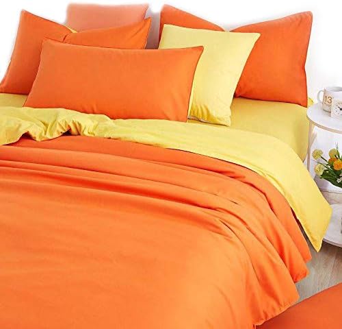 InfiniteS 4 Pieces Duvet Cover Set 100% Cotton Solid Color Soft and Breathable Cotton Bedding Set 4pcs Quilt Set Queen Size (1 Duvet Cover + 1 Fitted Sheet + 2 Pieces Pillow Shams) (Orange and Yellow)
