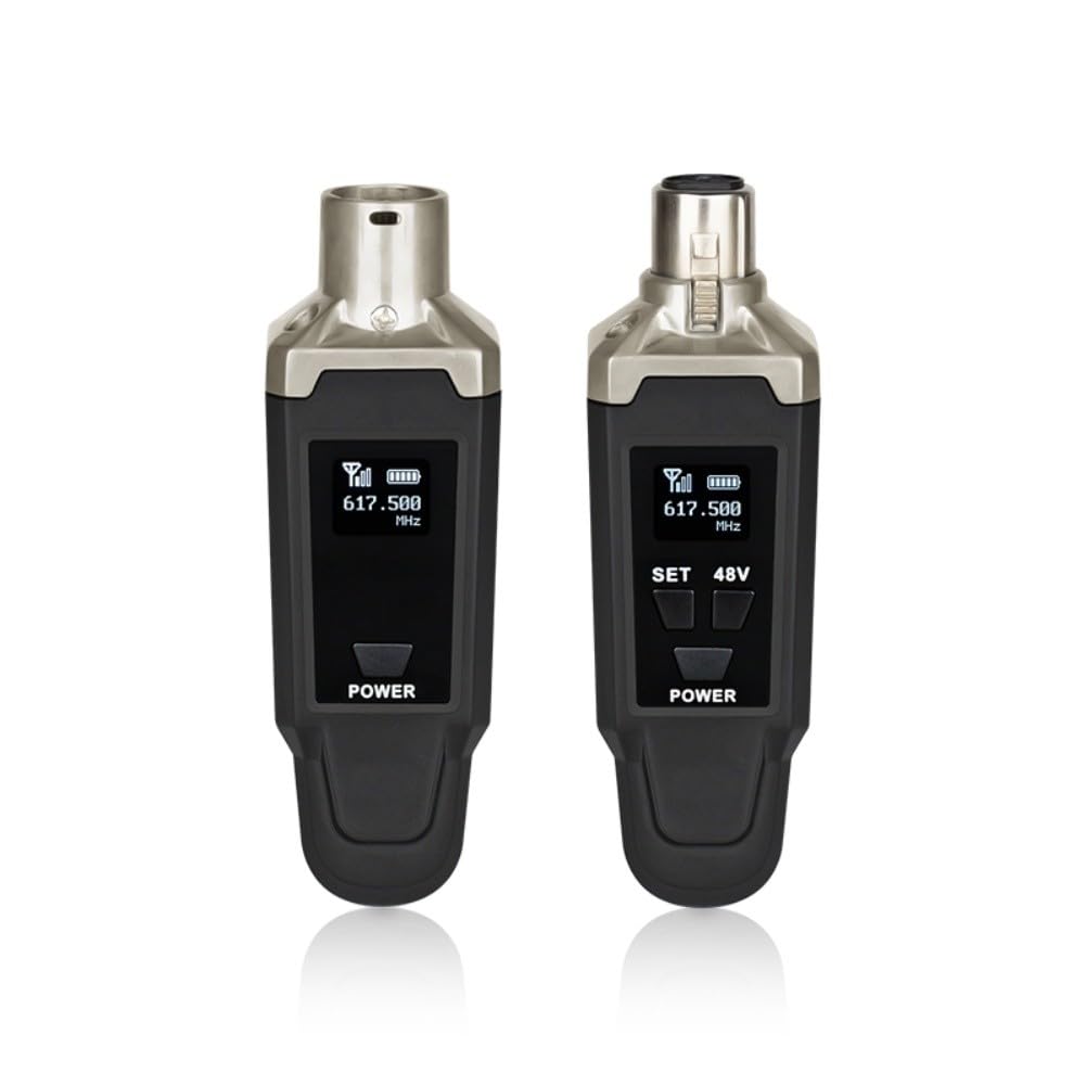 UHF Sistema Microfoni Wireless con Trasmettitore XLR Plug-On, Alimentazione 48V, Ricarica Tipo-C, Bassa Latenza per Microfoni Dinamici e a Condensatore, Nero
