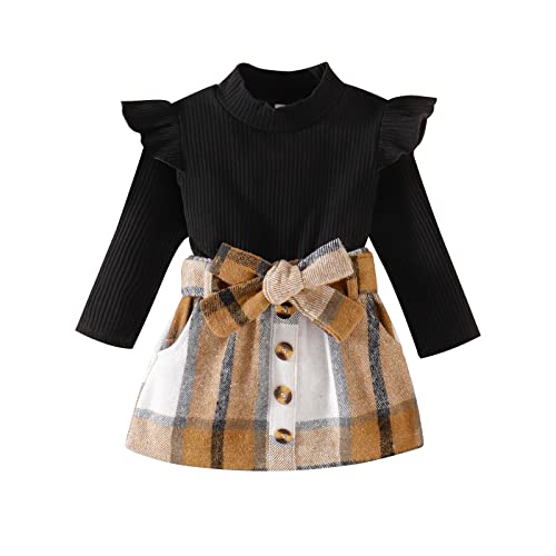 Image of Yccutest Toddler Baby Girl Skirt Outfit Long Sleeve Ruffle Shirt Top Mini Skirt Set 2Pcs Kids Little Girl Clothes Fall Winter