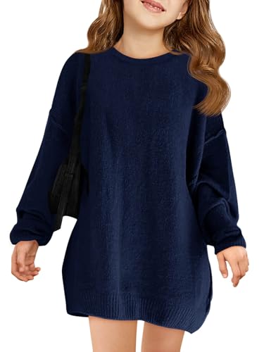 Image of Haloumoning Girls Sweater Dress Casual Crewneck Knit Long Sleeve Fall Winter Dress Pullover 5-14Y