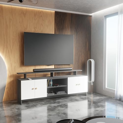 Image of Modern TV Unit for Living Room | Wooden TV Cabinet with Open Shelf & Storage | Entertainment Unit | Assembly-DIY | Color-Grey & White