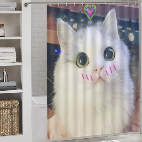 Rideau de douche chat mignon anti-moisissure en tissu lavable et imperméable