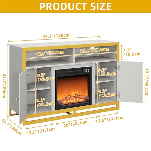 DWVO LED Mirrored Fireplace TV Stand for up to 55 Inch TV, Entertainment Center for Living Room w/ 3D Realistic Flame Effect Electric Fireplace, Media Console Cabinet 400lbs, Silver Grey/Gold
