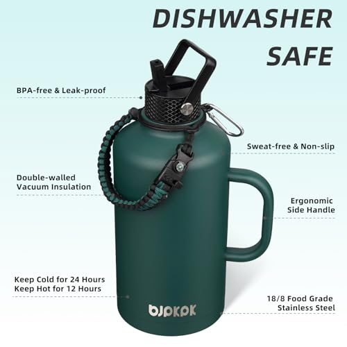 Image of BJPKPK 2 /3 Gallon Water Bottle Insulated with Straw Lid, 87oz Large, Stainless Steel Water Bottles with 3 Lids and Paracord Strap, Double Wall Vacuum Metal Water Jug, Army Green