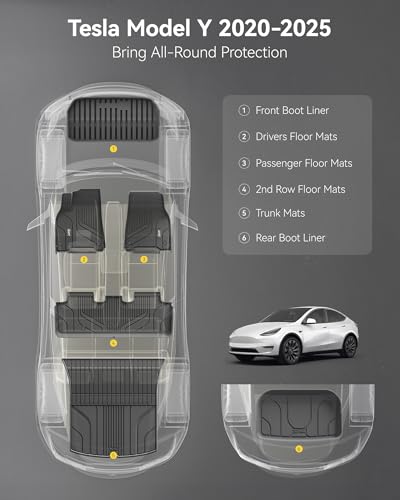 Image of 3W Tesla Model Y 2020-2024 6PCS Floor Mats,5-Seater (Not for Juniper) | TPE All Weather Floor Liner, Cargo Liner,Frunk Rear Liners, Custom Fit Model Y Accessories, Black, Over 10 Years Lifespan