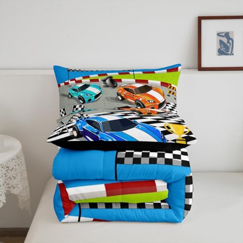 Image of Feelyou Kids Race Car Duvet Insert King Size, Blue Orange Racing Comforter Set Sports Cars Bedding Set Boys Girls Teens Bedroom Decor with 2 Pillow Case
