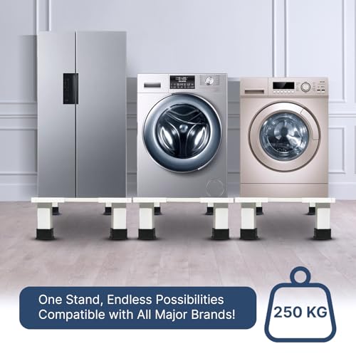 Image of Smart Shelter Washing Machine Stand without Wheels for Fully and Semi Automatic, Front or Top Load, Fridge and Dishwasher Stand, Adjustable Metal, Capacity 160Kg, White (Min:16 inchx16 inch, Max: 26 inchx26 inch)