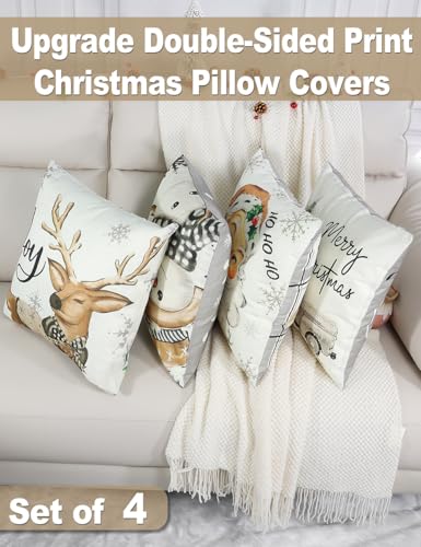 Image of multiwins Christmas Decorations Set of 4 Double-Sided Print Christmas Pillow Covers 16 inch x 16 inch, with 8 Cute Patterns, Throw Pillow Covers Perfect for Home Christmas Decor