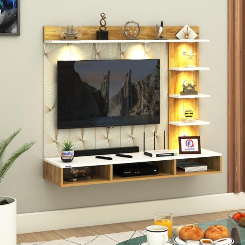 Image of Anikaa Tyron Engineered Wood Wall-Mount TV Unit with PVC Back Panel & LED Lights | TV Cabinet with Storage Box & Decorative Shelves (Gaintwood /White) | Ideal for TVs up to 55 Inch | DIY Installation