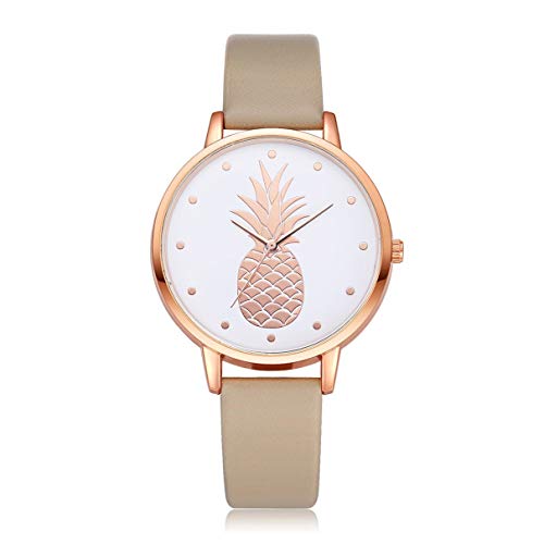 fghfhfgjdfj Cadran Rond Ananas Style Quartz Montres Femmes Mode Simple Heures Montre De Femmes Ceinture en Cuir Montres-Bracelets(Beige)