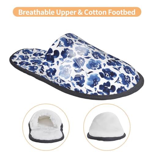 Blue Ink Flowers Print Women Slippers Home Furry Shoes Keep Men Couples Shoes Warm For Women-4