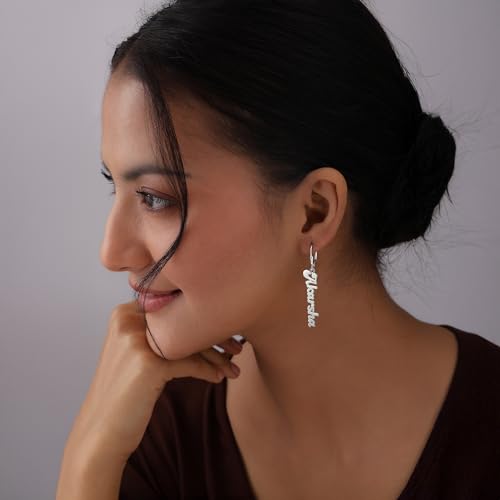 Image of TRUESILVER ACPL 925 Sterling Silver Personalized Earrings for Women | Customized Inital Dangler Name Earring for Womens | Custom Gift for Anniversary Wedding Birthday