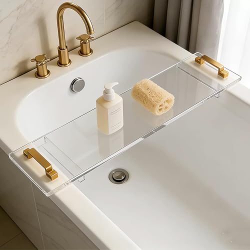SHUMEI 33" Clear Acrylic Bathtub Tray with Gold Handles