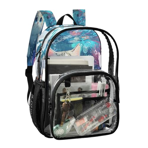 Cute Cat Fish Coral Reef Clear Backpack Heavy Duty See Through Transparent PVC BookBag for Kids Boy Girl School Work2