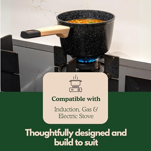 Image of Kreme Ceracook Ceramic Coated Granite Sauce Pan 1.8L /24cm with Glass Lid, ISI Certified Tea, Chai, Sauce Pot, Forged Aluminium, Gas & Induction Use, Non Toxic PFAS & PTFE Free, 1 Yr Warranty, Black