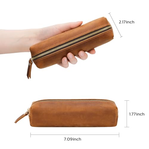 Image of ECHSRT Small Genuine Leather Pencil Pouch for Adults, Brown | Crazy Horse Leather Finish, Compact Writing Instrument Storage