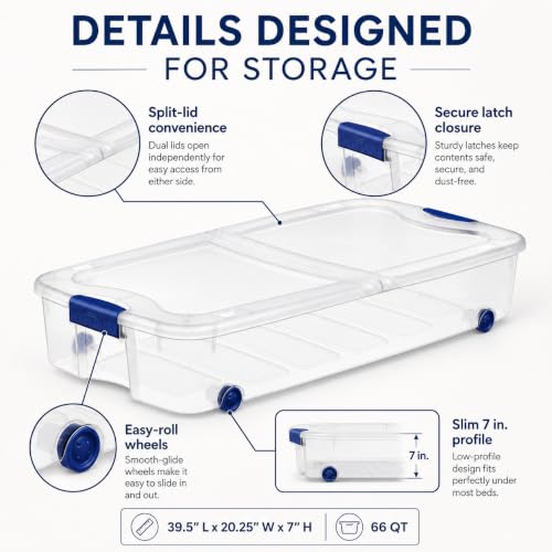 Image of 66 Qt Under Bed Storage Bin with Wheels, Clear Split-Lid Container, Blue