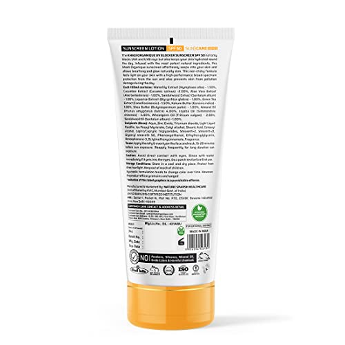 Image of KHADI ORGANIQUE Sunscreen Lotion SPF 50 PA+++ with Waterlily & Sandalwood | Broad Spectrum UVA & UVB Protection | Non-Greasy & Ultra Light Gel | For All Skin types -100ml
