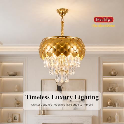 Image of Desidiya Golden Crystal Chandelier 400MM 3-Tier LED Ceiling Light | Luxury pineapple-inspired golden chandelier with premium K9 crystal droplets for elegant modern interiors.