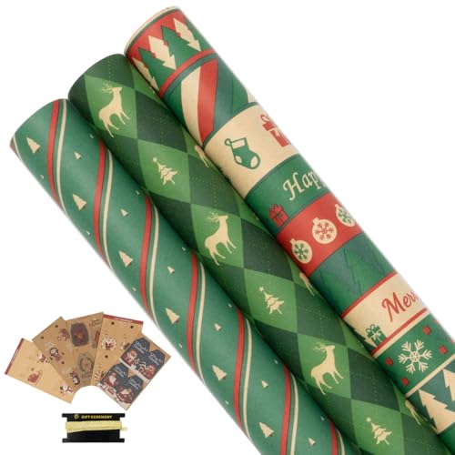 3 rouleaux de papier cadeau kraft, 43 cm x 6 m, rouleau de papier cadeau de Noël avec étiquettes et ruban, convient pour Noël, anniversaire, fête, festival, décorations de cadeaux