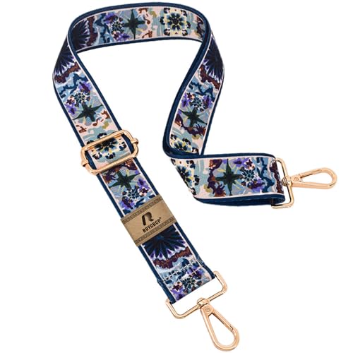 Image of Replacement Purse Strap Shoulder Strap Adjustable Crossbody Strap for Women Crossbody Wide Shoulder Bag, Blue Flowers-gold Hardware, 1.5 inches (width)