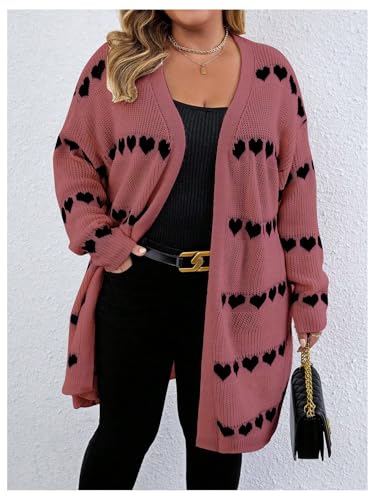 Image of MakeMeChic Women's Plus Size Long Cadigan Sweaters Casual Open Front Kint Lightweight Cadigan Heart Long Sleeve Outerwear