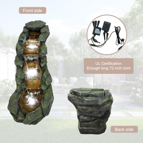 Image of SunJet Cascading Rock Outdoor Water Fountain with LED Lights - 44 inch Length Resin Stone Look Garden Waterfall Fountain, Freestanding Floor Fountain with UL Certified Pump for Patio Backyard Yard Decor