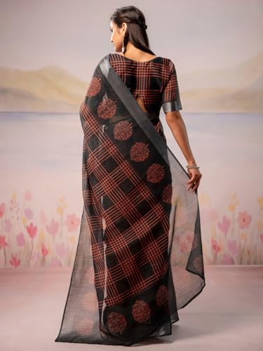 Image of Satrani Women's Linen Printed Ready To Wear Saree with Unstitched Blouse Piece