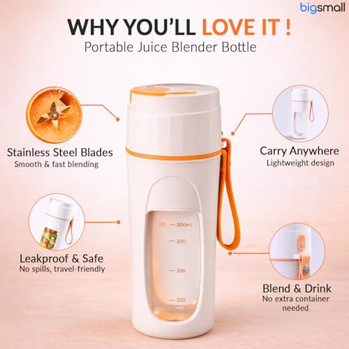 Image of Bigsmall Portable & Rechargeable Smoothie Blender Leak-Proof Lid - For Smoothies, Juices, Milkshakes, Baby Food, Ice Crushing & More (340ml) - 10 Stainless Steel Blades- (Orange)