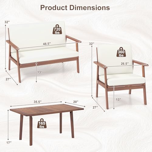 Tangkula 4 Piece Outdoor Conversation Set, Acacia Wood Sofa Set with Soft Seat & Back Cushions, Rectangle Coffee Table Patio Wood Furniture Set for Backyard, Poolside, Garden (1, Off White)