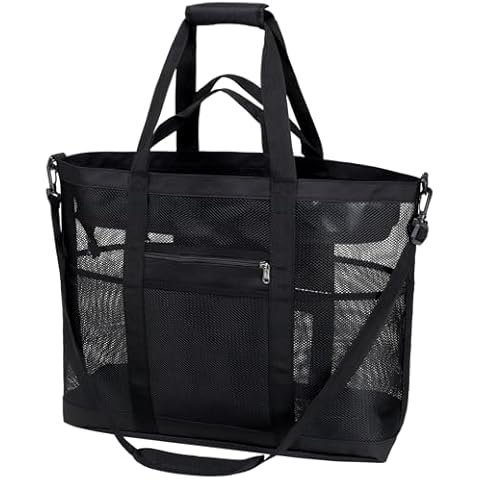 F-color Mesh Beach Bag Tote with Zipper - 9 Pockets Beach Bag with Strap for Travel Beach Pool Swim Gym Camping Waterpark, with Towel Sunscreen Bottles Clothes Shoes and More Beach Essentials, Black Cover