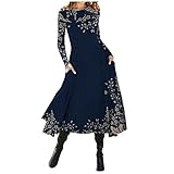 FIRERO Holiday Dresses for Women 2023, Long Sleeve Evening Dresses Womans Pub Long Vintage Fall Slim Print with Pockets Evening Dresses Softest Crewneck Cotton Evening Dress Women Blue