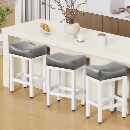 Image of Raynesys Counter Height Bar Stools Set of 3, 24 Inch Barstools for Kitchen Island Counter, Bonded Leather Kitchen Stools with Thick Saddle Seats & Heavy Duty Metal Base, Easy Assembly, Gray /White