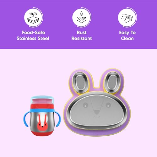 Image of rabitat Happy Tummy Combo Stainless Steel 360 Training Cup Bunny Boo 390ml and Hoppy Playte Purple 430ml 3-Sectional Plate for Toddlers & Kids |2 Year Brand Warranty