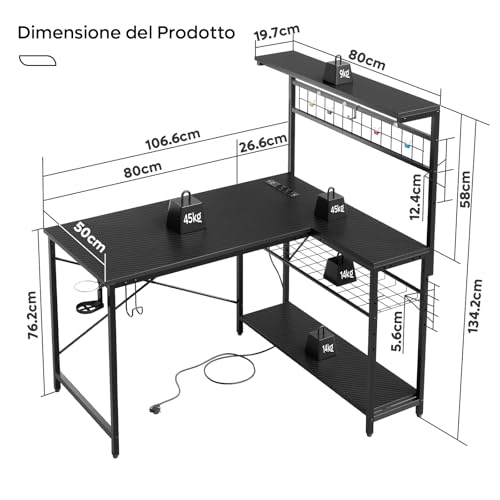 Bestier Escritorio en forma de L con enchufes, iluminación LED, superficie de fibra de carbono y amplio espacio de almacenamiento, perfecto para oficina en casa y juegos - imagen 3