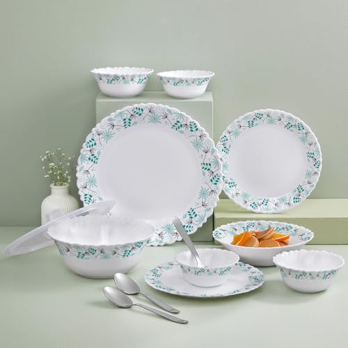 Image of Larah by Borosil Silk Series Stardust Opalware Dinner Set with Steel Spoon | 41 Pcs for Family of 6 | Microwave & Dishwasher Safe | Bone-Ash Free | Crockery Set for Dining & Gifting | Plates & Bowls