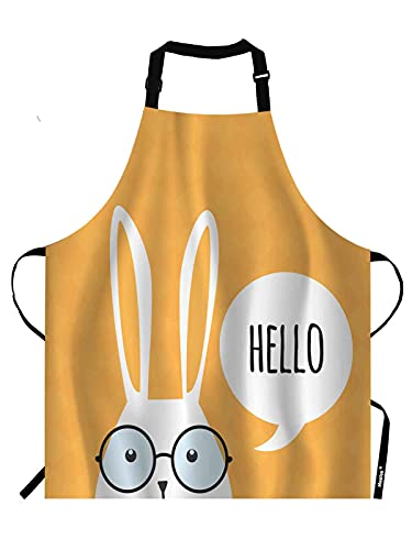 Moslion Tablier Hello Rabbit mignon bébé lapin de Pâques avec longues oreilles noires jaunes et blanches - Tablier de cou réglable pour homme et femme - Convient pour la cuisine, la serveuse, le chef Cover