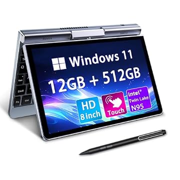 Mini laptop 20.3 cm 2 em 1, laptop Windows 11, Intel N150 (até 3,6 GHz), 12 GB RAM 512 GB SSD, tela sensível ao toque HD, teclado retroiluminado, Wi-Fi 6, USB-C, PC portátil leve para trabalho