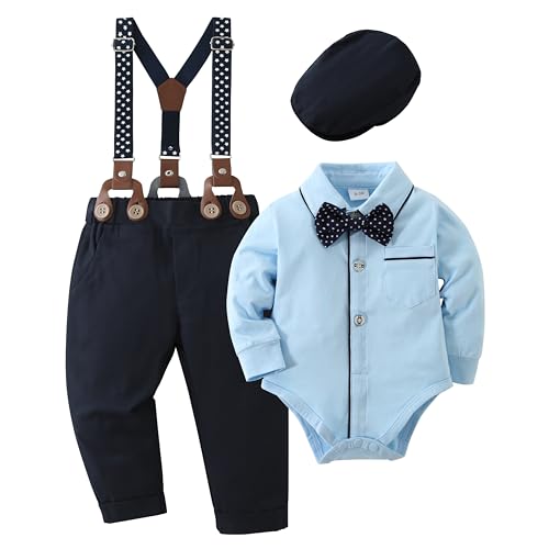 Image of CARETOO Baby Boy Clothes Suit Infant Gentleman Boy Outfits Dress Shirt/Bowtie/Suspender Pants Set 0-18 Months