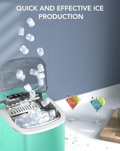Image of Ice Maker Countertop, Efficient Easy Carry Ice Machine, Self-Cleaning Ice Maker with Ice Scoop & Basket, 9pcs / 8mins 26.6Lbs Per Day for Home /Office /Kitchen,Green