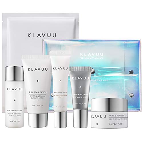 KLAVUU Korean Skin Care Travel Kit for Women | Pearl Hydrating Skincare Set with Cleanser, Toner, Serum, Moisturizer, Sheet Mask, & Makeup Primer | 6 Travel Size Facial Products with Pouch