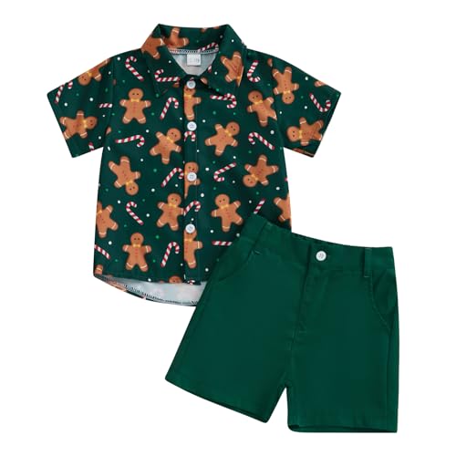 LAGKIYOJ Baby Boy Christmas Outfit Gingerbread Man Button-up Short Sleeve Shirt Tops Shorts Toddler Christmas Baby Clothes (Green Gingerbread Man 18-24 Months)