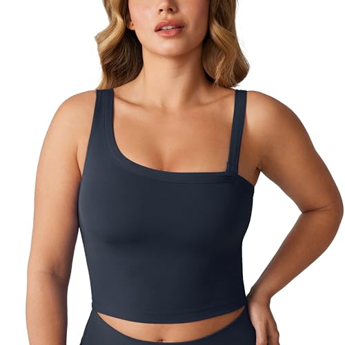 Hugcurve Detachable Shoulder Strap Longline Sports Bra for Women One Shoulder Workout Tank Crop Tops Built in Bra