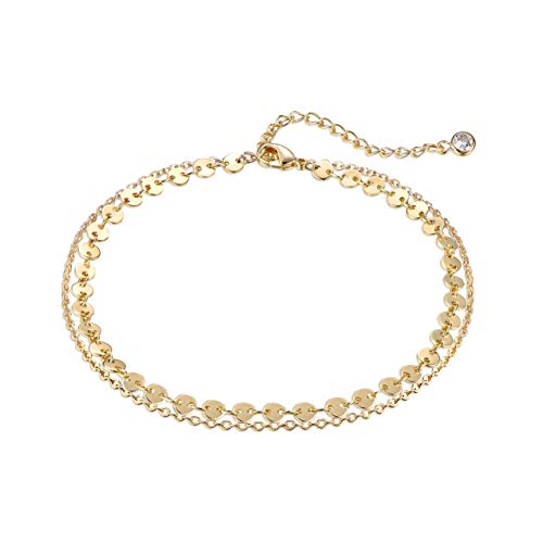 WEARON Gold Coin Anklet Layered Disc Chain Anklet Disc Sequins Layered Ankle Bracelets for Women 14k Gold Plated Dainty Summer Beach Gold Ankle Bracelet