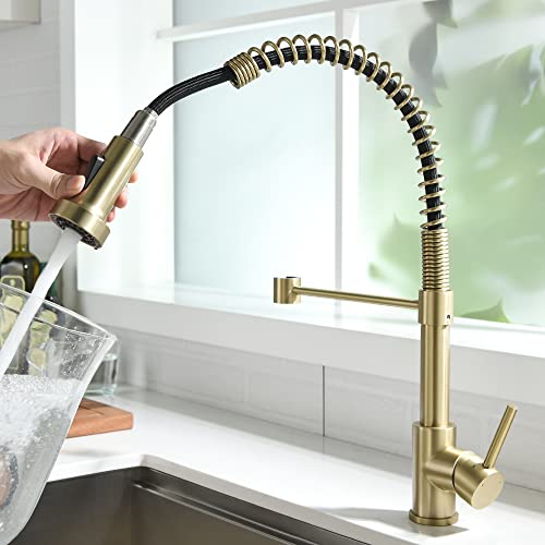 Owofan Kitchen Faucet, Kitchen Faucets With Pull Down Sprayer Sus304 Stainless Steel Industrial Single Handle One Hole Faucet For Farmhouse Camper Laundry Utility Rv Wet Bar Sinks Bushed Gold 9009J #TOP1