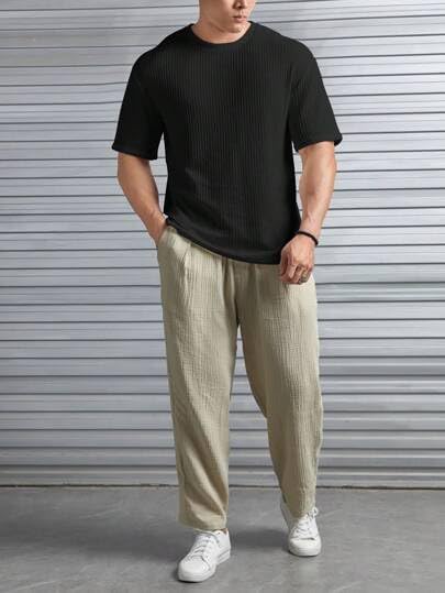 Image of Men Solid Waffle Round Neck Oversized /Dropshoulder |Baggy| Summer T Shirt for Ment Shirt
